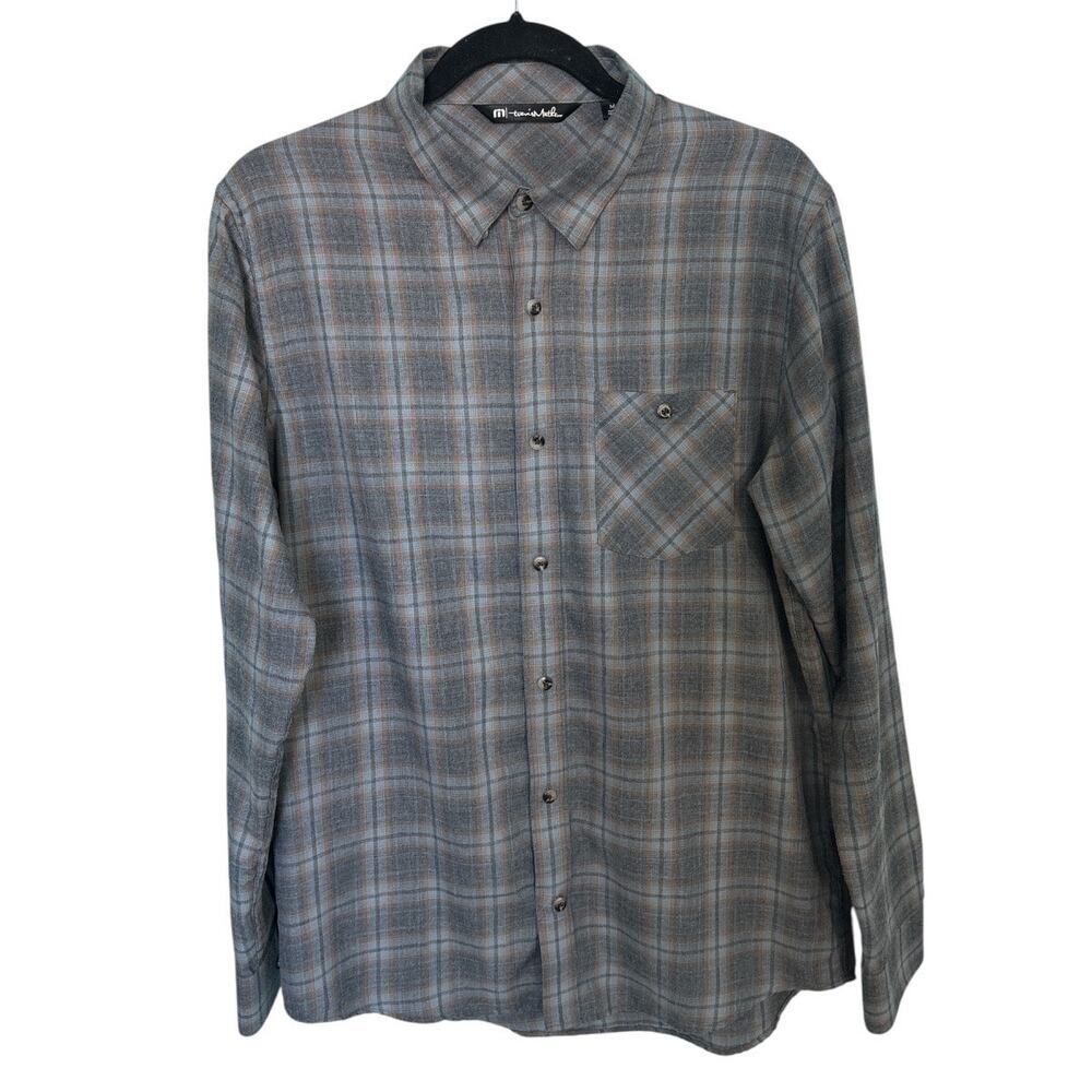 Travis Mathew Men's Cloud Flannel Shirt Gray Tan Plaid Size Medium Lightweight